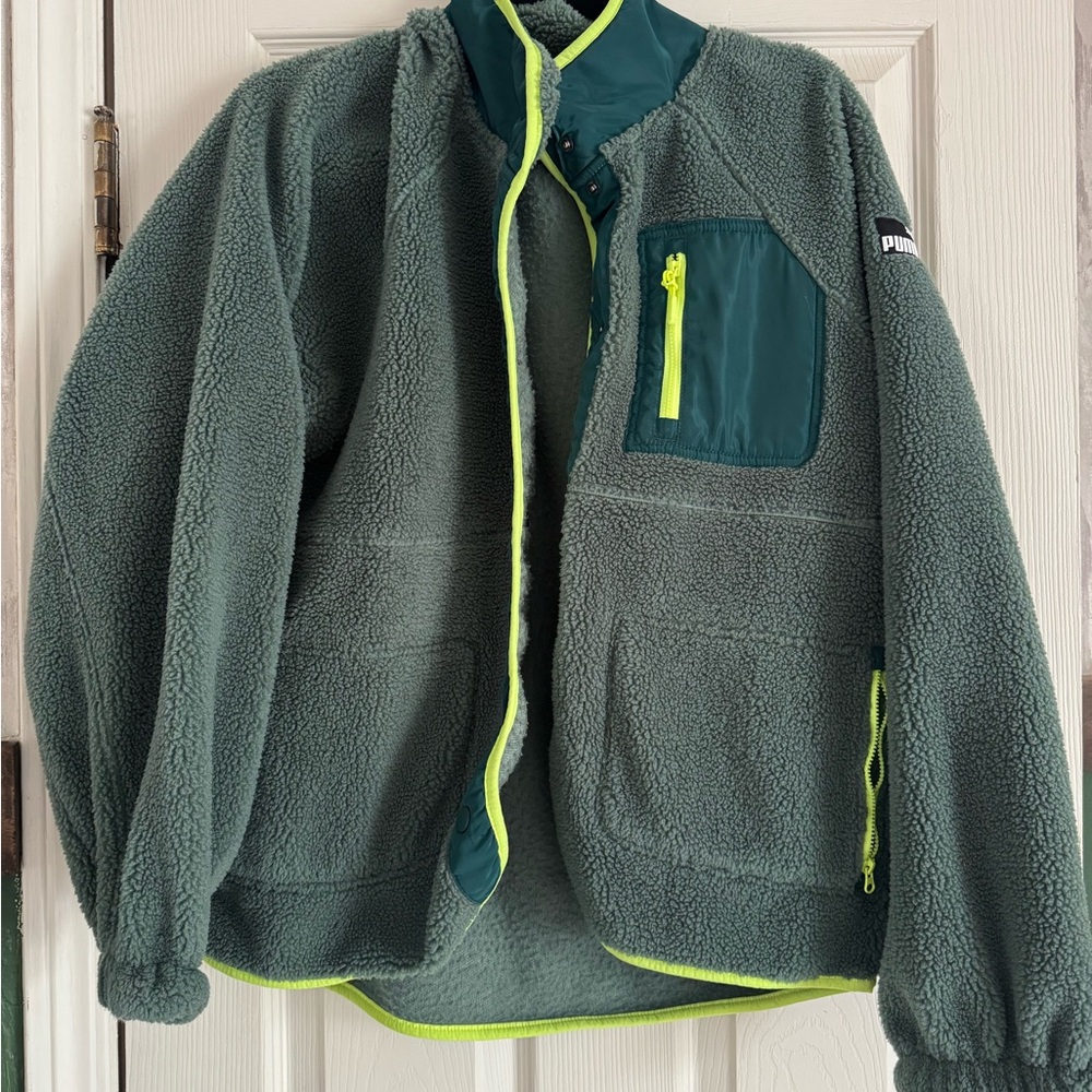 Puma Green Fleece Jacket with Neon Trim